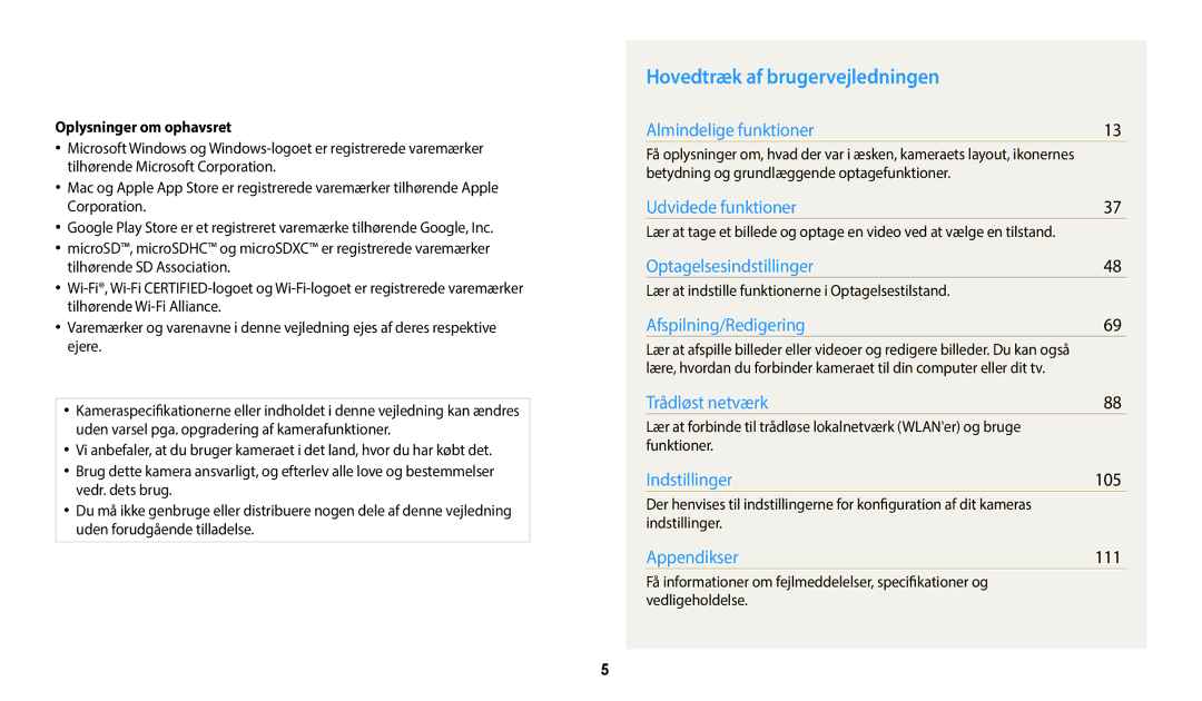 Samsung EC-WB50FZBPBE2, EC-WB50FZBPWE2, EC-WB50FZBPRE2 Hovedtræk af brugervejledningen, 105, 111, Oplysninger om ophavsret 