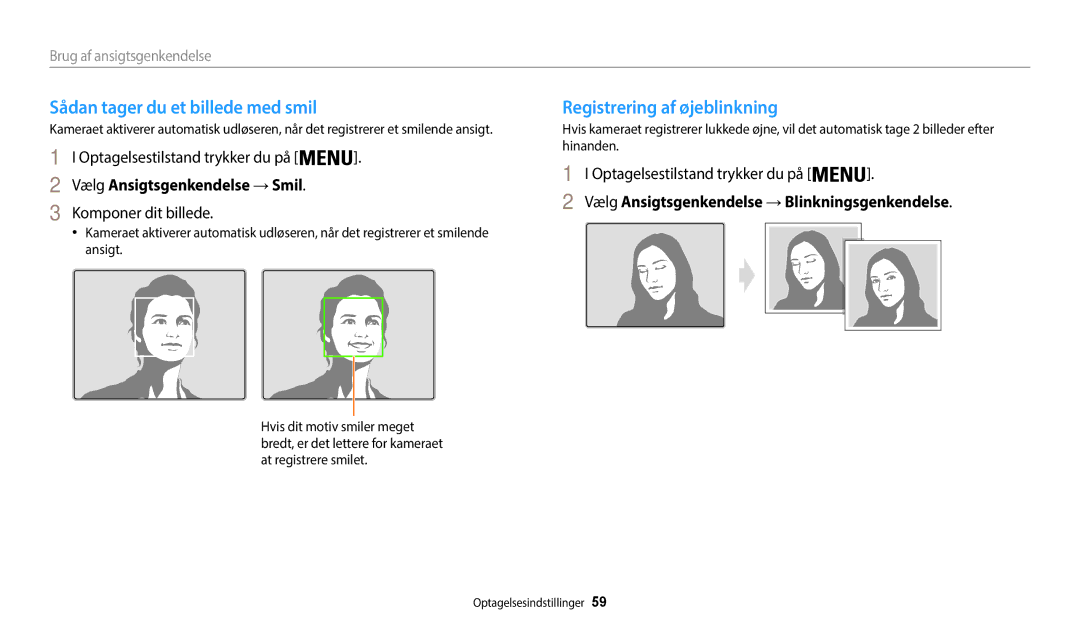 Samsung EC-WB50FZBPBE2 Sådan tager du et billede med smil, Registrering af øjeblinkning, Vælg Ansigtsgenkendelse →Smil 