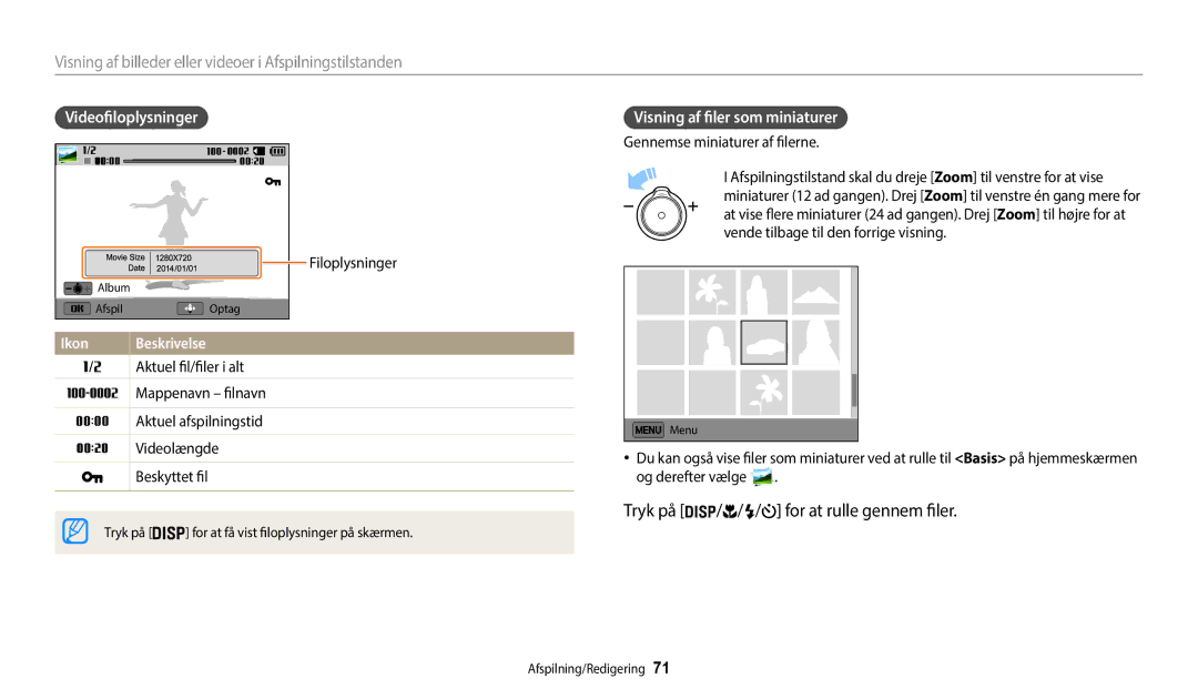 Samsung EC-WB50FZBPBE2 Tryk på / / / for at rulle gennem filer, Visning af billeder eller videoer i Afspilningstilstanden 