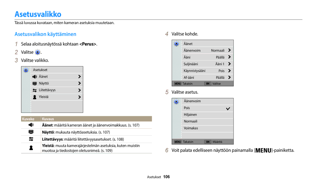 Samsung EC-WB50FZBPRE2, EC-WB50FZBPBE2, EC-WB50FZBPWE2 manual Asetusvalikko, Asetusvalikon käyttäminen, Valitse kohde 