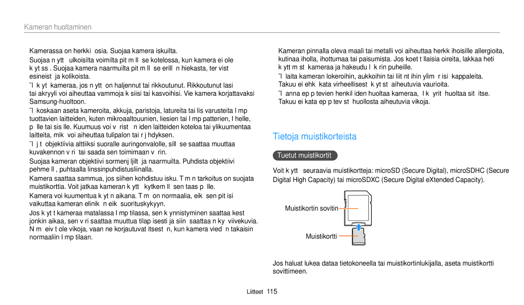 Samsung EC-WB50FZBPRE2, EC-WB50FZBPBE2, EC-WB50FZBPWE2 manual Tietoja muistikorteista, Tuetut muistikortit 