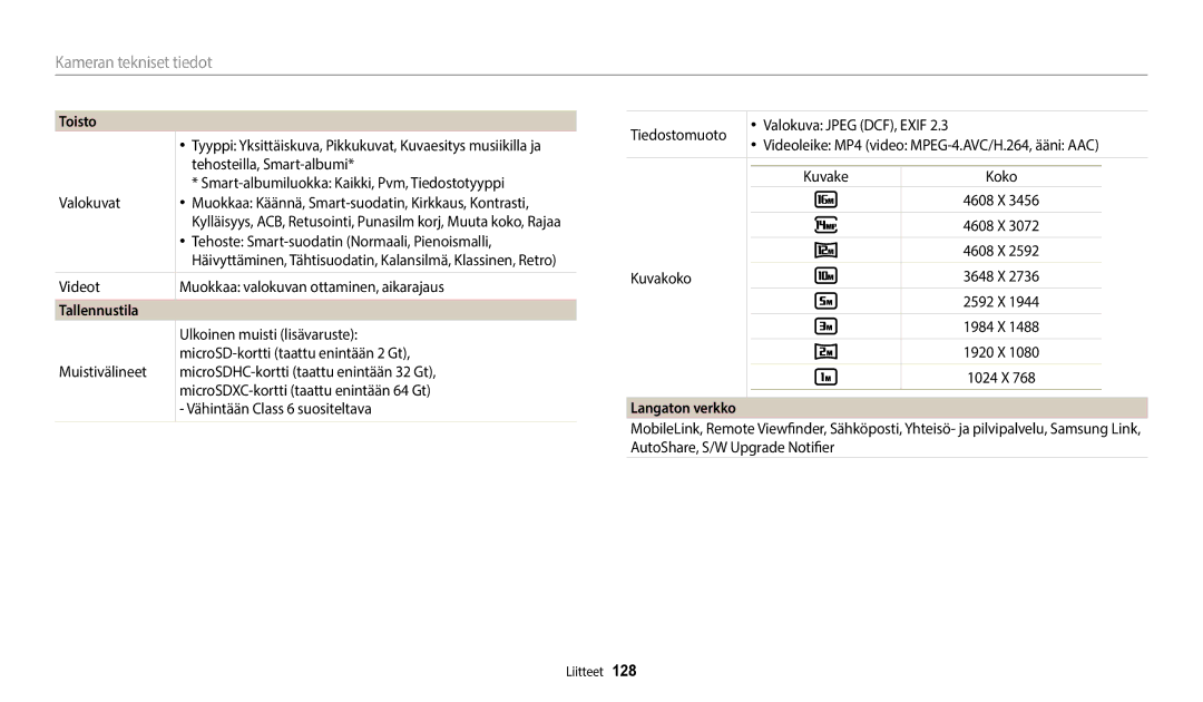 Samsung EC-WB50FZBPBE2, EC-WB50FZBPWE2, EC-WB50FZBPRE2 manual Tallennustila, Langaton verkko 