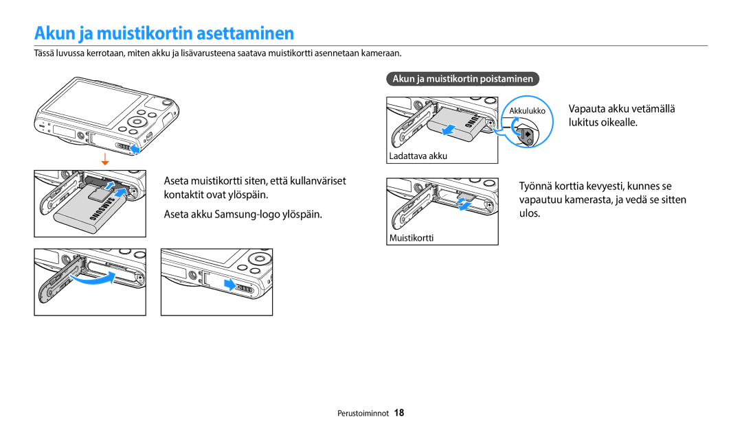 Samsung EC-WB50FZBPWE2 manual Akun ja muistikortin asettaminen, Lukitus oikealle, Akun ja muistikortin poistaminen 