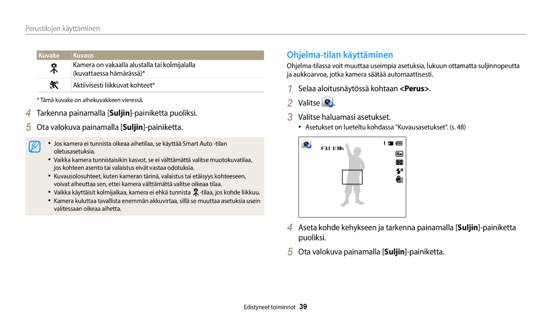 Samsung EC-WB50FZBPWE2, EC-WB50FZBPBE2, EC-WB50FZBPRE2 manual Ohjelma-tilan käyttäminen, Perustilojen käyttäminen 