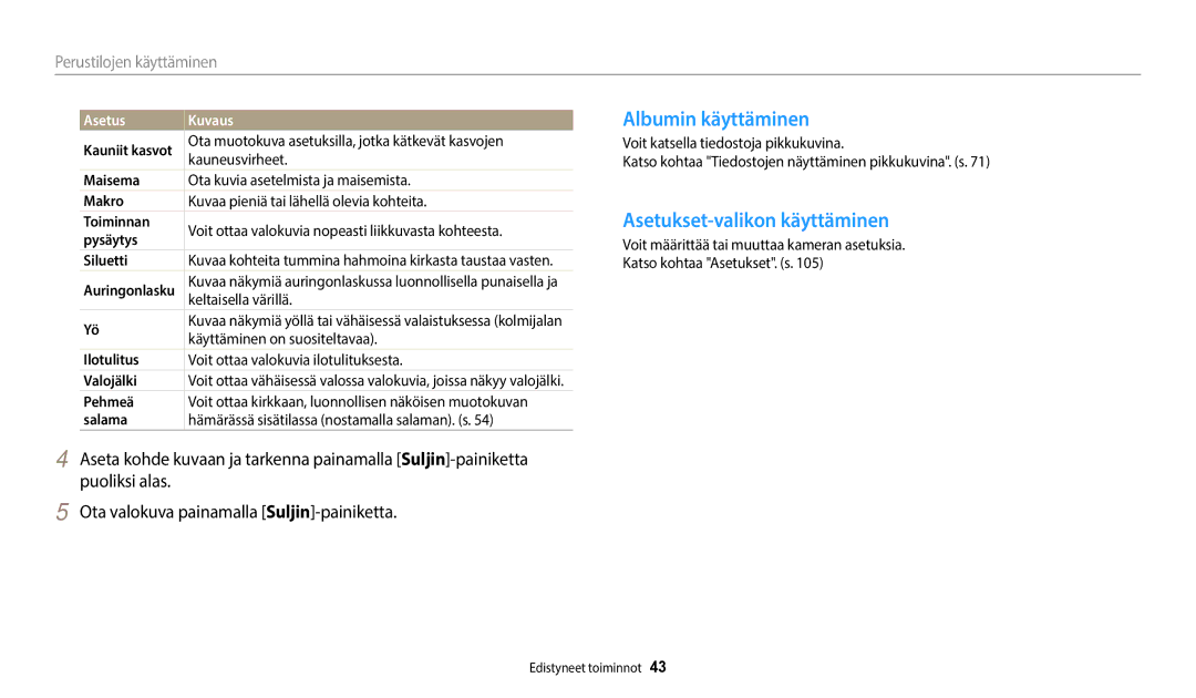 Samsung EC-WB50FZBPRE2, EC-WB50FZBPBE2, EC-WB50FZBPWE2 Albumin käyttäminen, Asetukset-valikon käyttäminen, Asetus Kuvaus 