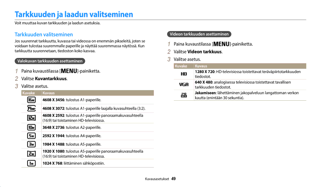 Samsung EC-WB50FZBPRE2 manual Tarkkuuden ja laadun valitseminen, Tarkkuuden valitseminen, Paina kuvaustilassa -painiketta 