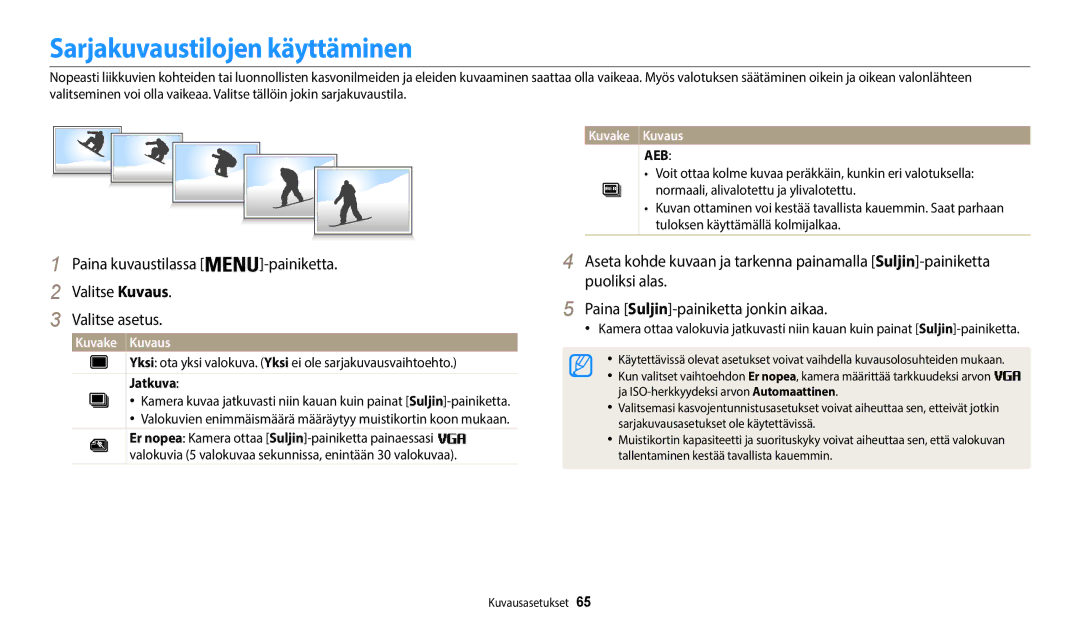 Samsung EC-WB50FZBPBE2 Sarjakuvaustilojen käyttäminen, Yksi ota yksi valokuva. Yksi ei ole sarjakuvausvaihtoehto, Jatkuva 