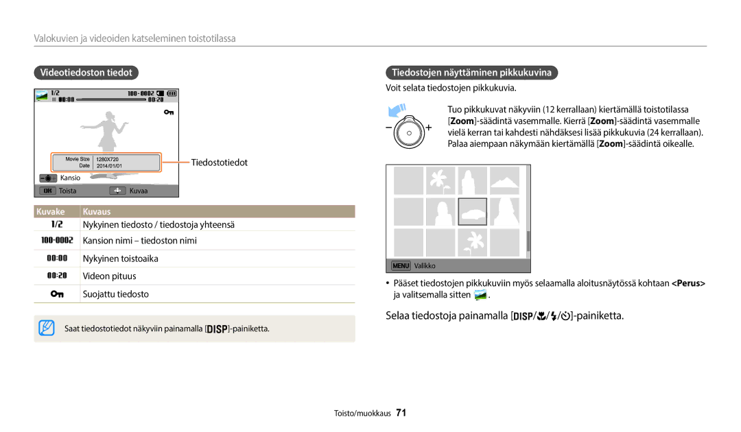 Samsung EC-WB50FZBPBE2 Selaa tiedostoja painamalla / / / -painiketta, Valokuvien ja videoiden katseleminen toistotilassa 