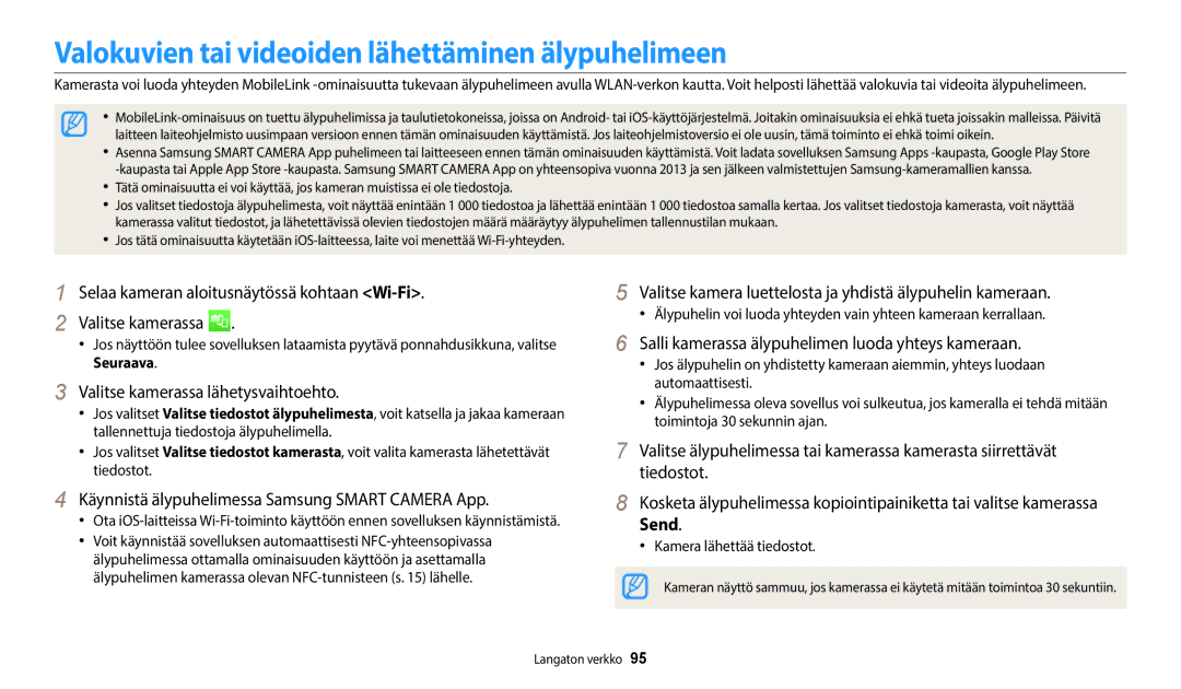 Samsung EC-WB50FZBPBE2 manual Valokuvien tai videoiden lähettäminen älypuhelimeen, Valitse kamerassa lähetysvaihtoehto 