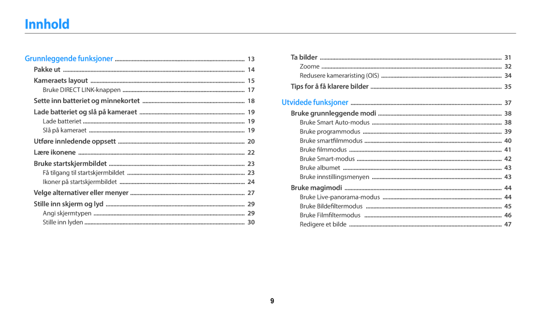 Samsung EC-WB50FZBPWE2, EC-WB50FZBPBE2, EC-WB50FZBPRE2 manual Innhold, Sette inn batteriet og minnekortet 