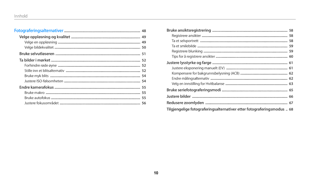 Samsung EC-WB50FZBPRE2, EC-WB50FZBPBE2, EC-WB50FZBPWE2 manual Innhold, Justere ISO-følsomheten 