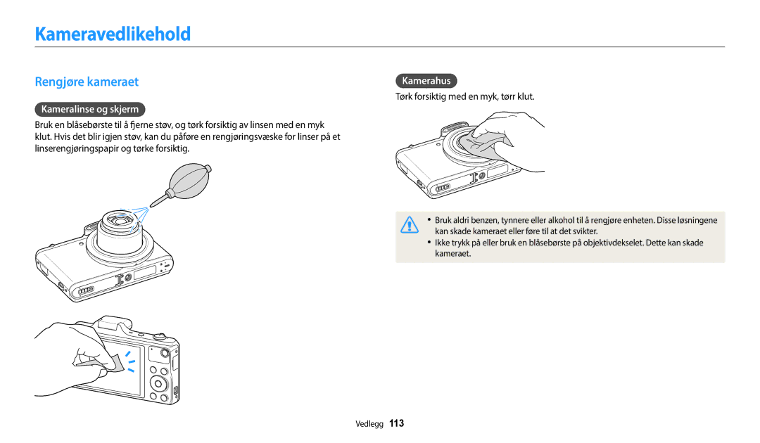 Samsung EC-WB50FZBPBE2, EC-WB50FZBPWE2 manual Kameravedlikehold, Rengjøre kameraet, Kameralinse og skjerm, Kamerahus 