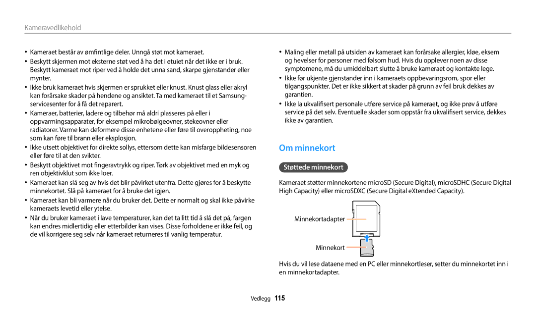 Samsung EC-WB50FZBPRE2, EC-WB50FZBPBE2, EC-WB50FZBPWE2 manual Om minnekort, Støttede minnekort 