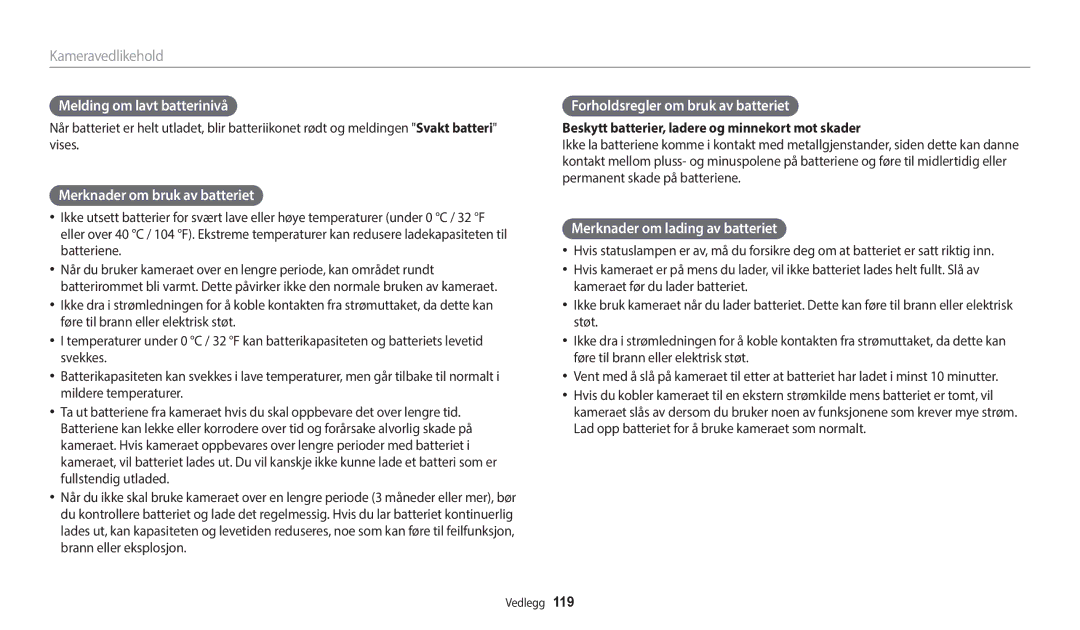 Samsung EC-WB50FZBPBE2 Melding om lavt batterinivå, Merknader om bruk av batteriet, Forholdsregler om bruk av batteriet 