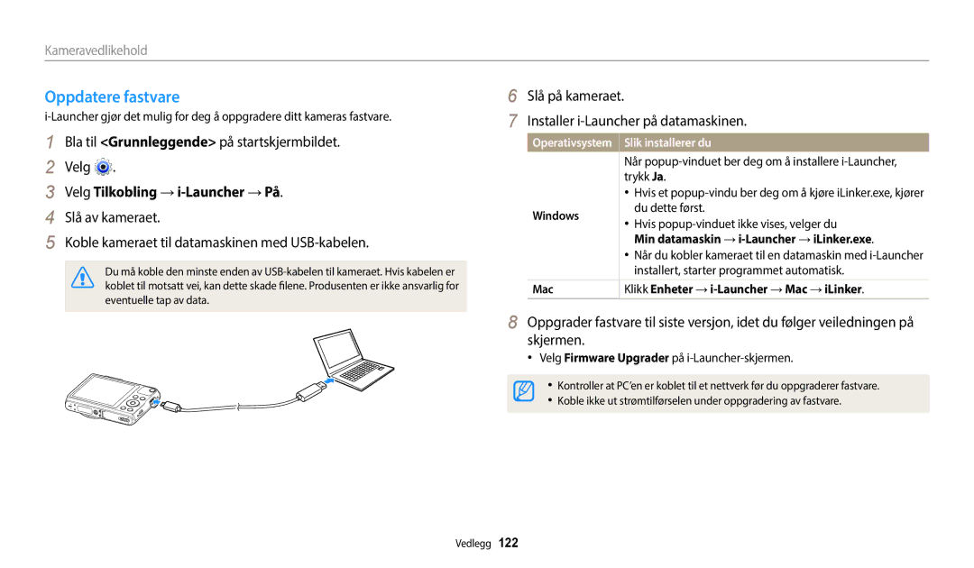 Samsung EC-WB50FZBPBE2, EC-WB50FZBPWE2 manual Oppdatere fastvare, Velg Tilkobling →i-Launcher →På, Slik installerer du 