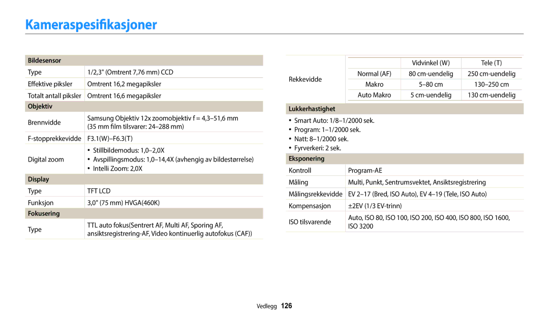 Samsung EC-WB50FZBPWE2, EC-WB50FZBPBE2, EC-WB50FZBPRE2 manual Kameraspesifikasjoner 