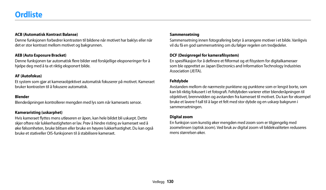 Samsung EC-WB50FZBPRE2, EC-WB50FZBPBE2, EC-WB50FZBPWE2 manual Ordliste 