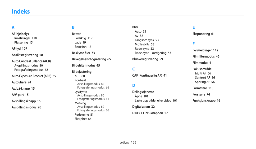 Samsung EC-WB50FZBPWE2, EC-WB50FZBPBE2, EC-WB50FZBPRE2 manual Indeks 