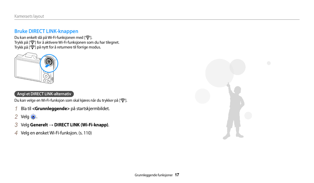 Samsung EC-WB50FZBPBE2 manual Bruke Direct LINK-knappen, Velg en ønsket Wi-Fi-funksjon. s, Angi et Direct LINK-alternativ 