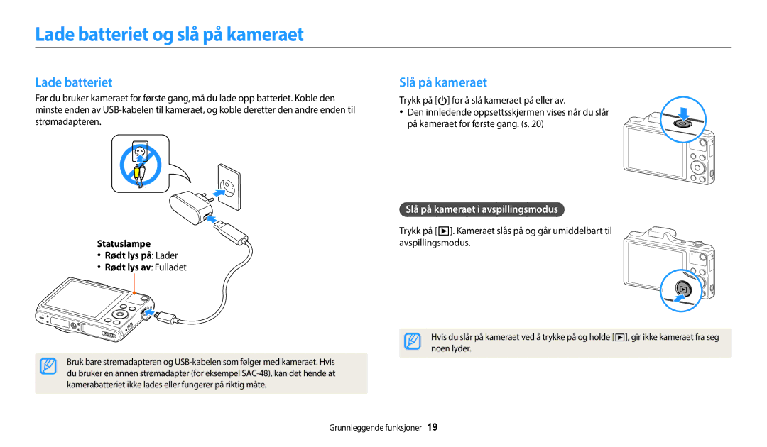 Samsung EC-WB50FZBPRE2, EC-WB50FZBPBE2 manual Lade batteriet og slå på kameraet, Slå på kameraet i avspillingsmodus 