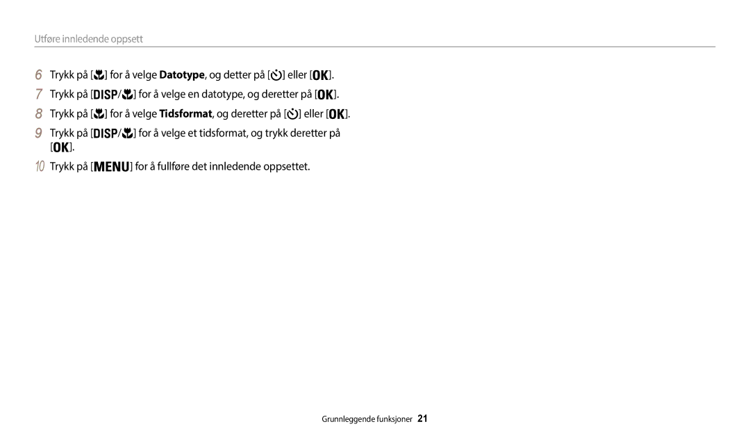 Samsung EC-WB50FZBPWE2, EC-WB50FZBPBE2, EC-WB50FZBPRE2 manual Utføre innledende oppsett 