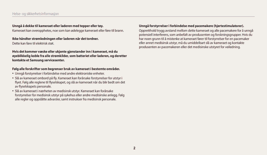 Samsung EC-WB50FZBPBE2 manual Helse- og sikkerhetsinformasjon, Ikke håndter strømledningen eller laderen når det tordner 