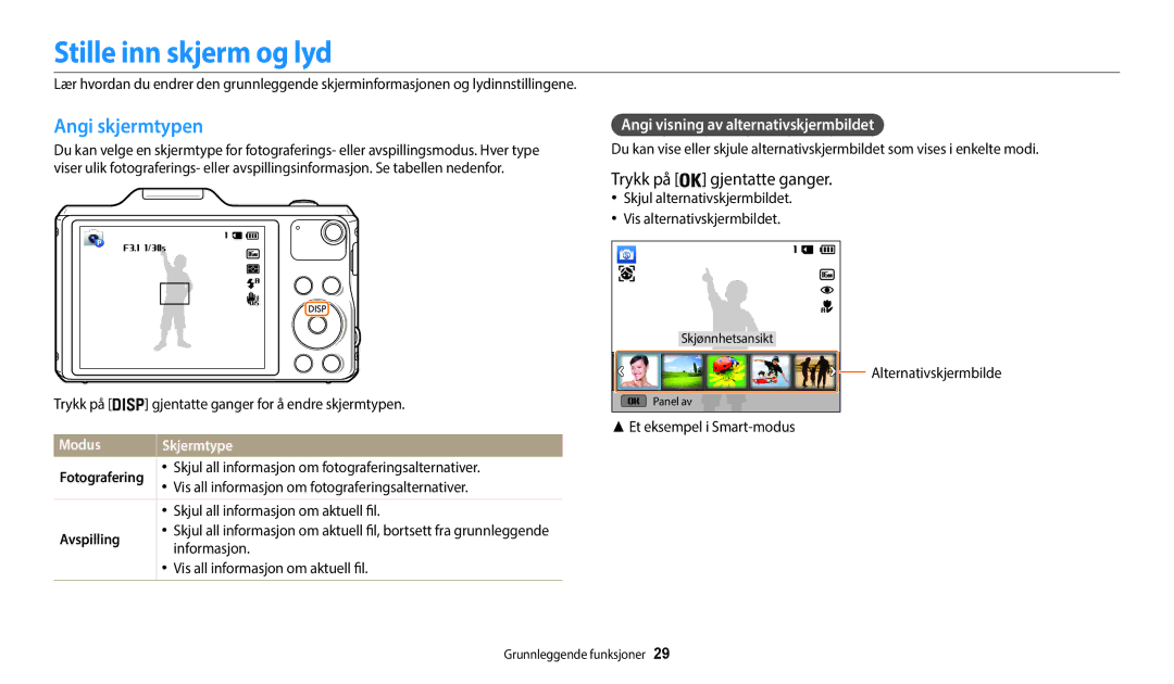 Samsung EC-WB50FZBPBE2 manual Stille inn skjerm og lyd, Angi skjermtypen, Trykk på gjentatte ganger, Modus Skjermtype 