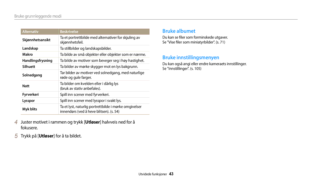 Samsung EC-WB50FZBPRE2, EC-WB50FZBPBE2, EC-WB50FZBPWE2 manual Bruke albumet, Bruke innstillingsmenyen, Alternativ Beskrivelse 