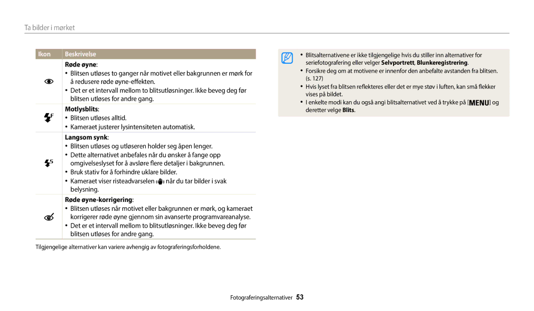 Samsung EC-WB50FZBPBE2, EC-WB50FZBPWE2 manual Ta bilder i mørket, Motlysblits, Langsom synk, Røde øyne-korrigering 
