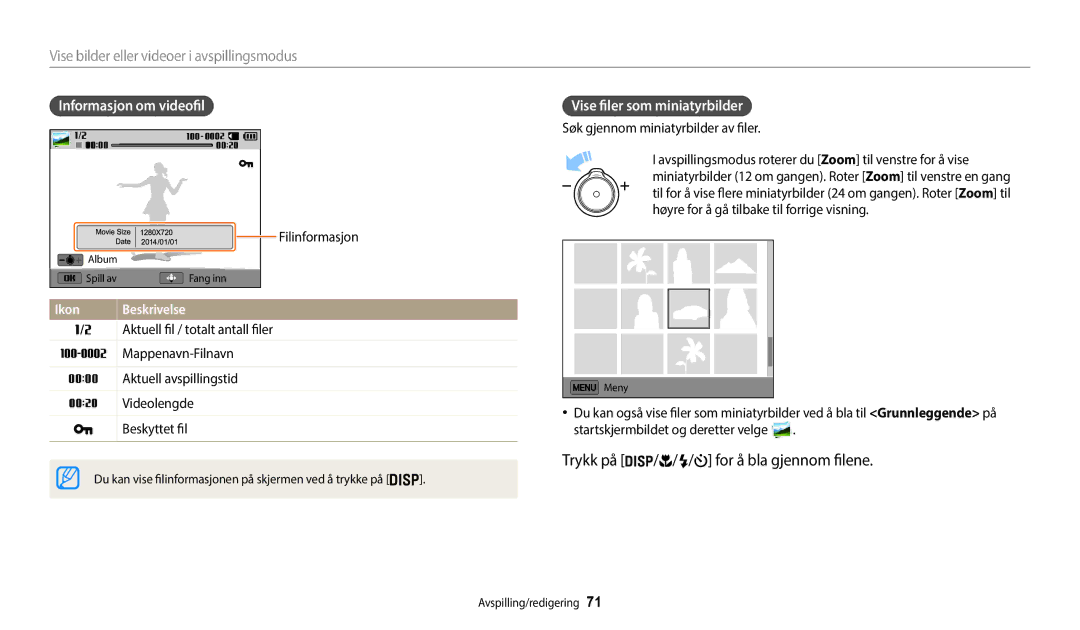 Samsung EC-WB50FZBPBE2, EC-WB50FZBPWE2 manual Vise bilder eller videoer i avspillingsmodus, Informasjon om videofil 