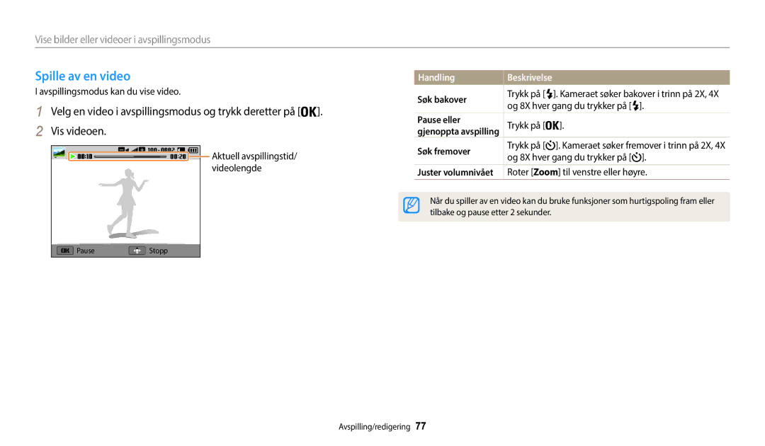 Samsung EC-WB50FZBPBE2, EC-WB50FZBPWE2, EC-WB50FZBPRE2 manual Spille av en video, Søk bakover, Pause eller, Søk fremover 