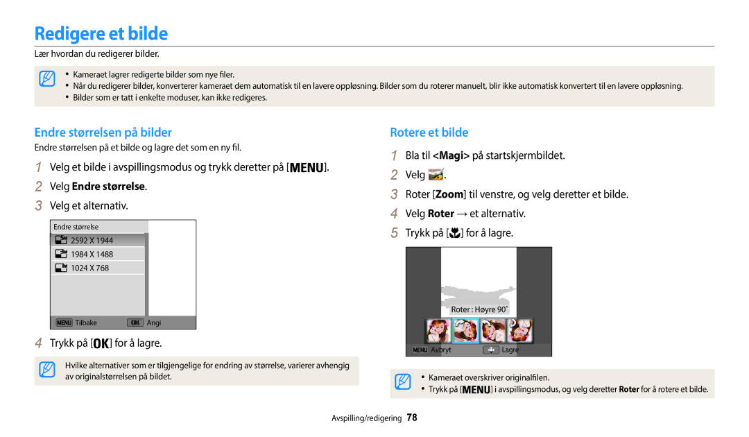 Samsung EC-WB50FZBPWE2 manual Redigere et bilde, Endre størrelsen på bilder, Rotere et bilde, Velg Endre størrelse 