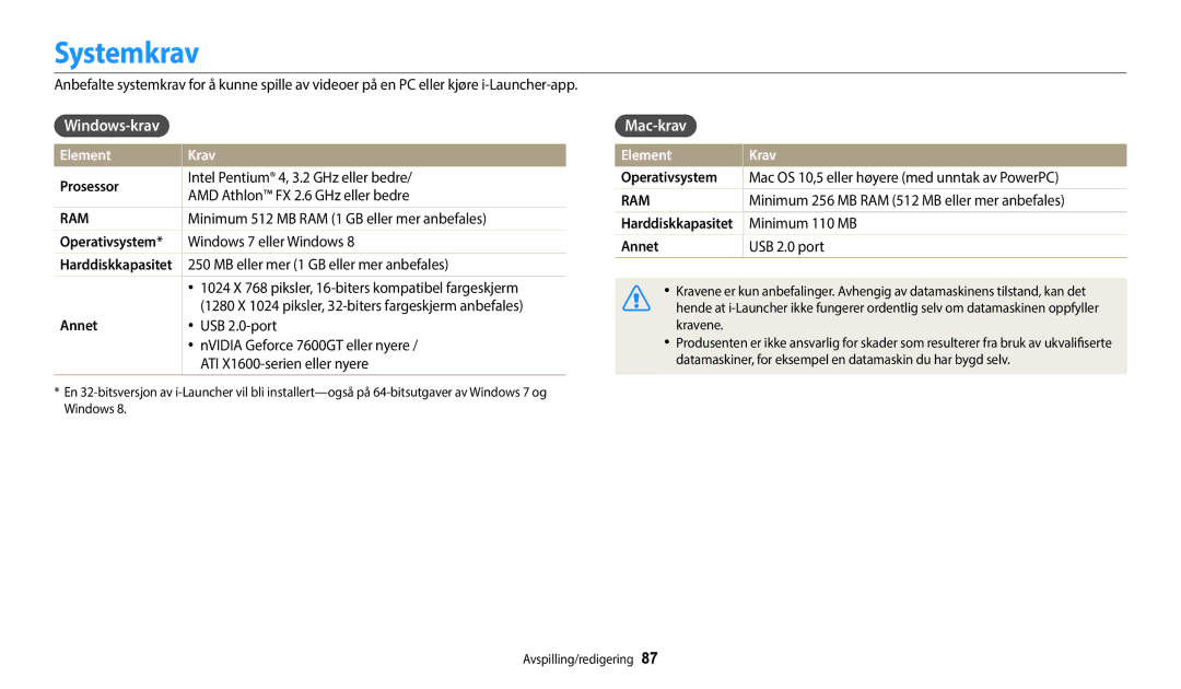 Samsung EC-WB50FZBPWE2, EC-WB50FZBPBE2, EC-WB50FZBPRE2 manual Systemkrav, Windows-krav, Mac-krav, Element Krav 