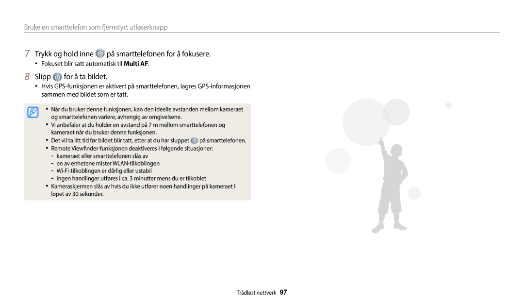 Samsung EC-WB50FZBPRE2, EC-WB50FZBPBE2 manual Trykk og hold inne på smarttelefonen for å fokusere, Slipp for å ta bildet 