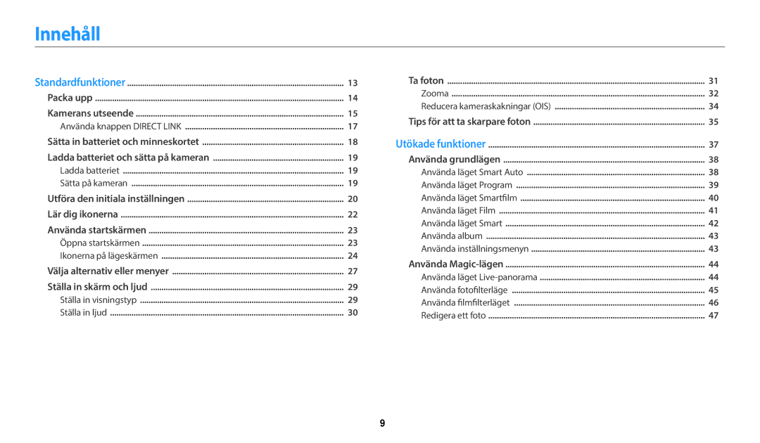 Samsung EC-WB50FZBPWE2, EC-WB50FZBPBE2, EC-WB50FZBPRE2 manual Innehåll, Använda knappen Direct Link 