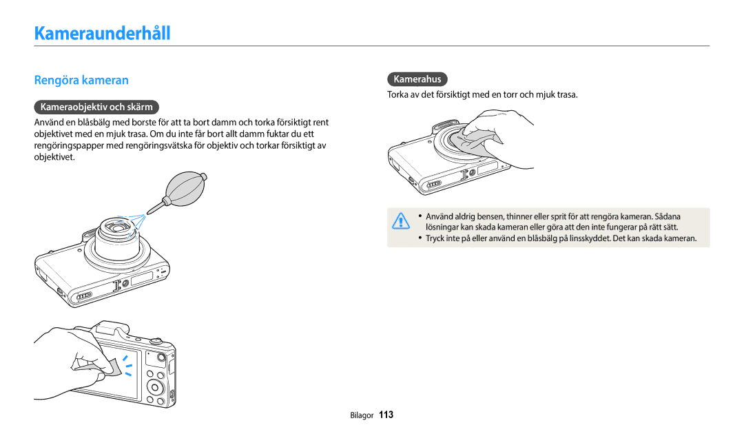 Samsung EC-WB50FZBPBE2, EC-WB50FZBPWE2 manual Kameraunderhåll, Rengöra kameran, Kameraobjektiv och skärm, Kamerahus 