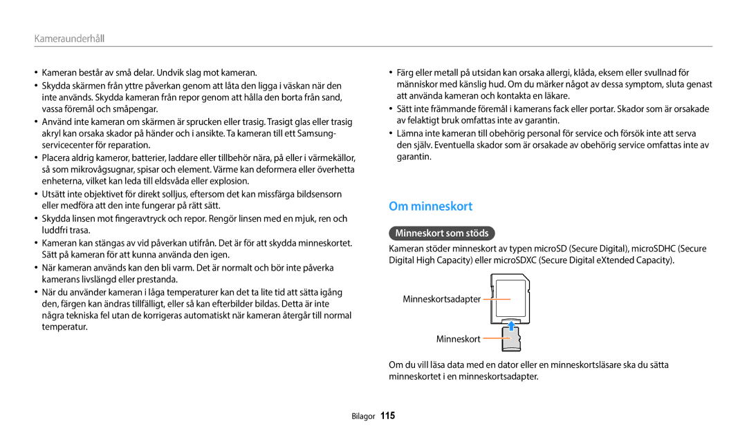 Samsung EC-WB50FZBPRE2, EC-WB50FZBPBE2, EC-WB50FZBPWE2 manual Om minneskort, Minneskort som stöds 