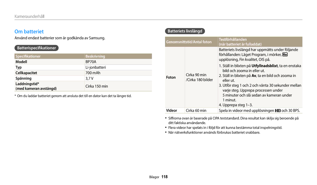 Samsung EC-WB50FZBPRE2 manual Om batteriet, Batterispecifikationer, Batteriets livslängd, Specifikationer Beskrivning 