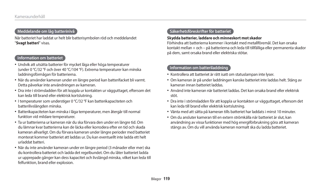 Samsung EC-WB50FZBPBE2 manual Meddelande om låg batterinivå, Information om batteriet, Säkerhetsföreskrifter för batteriet 