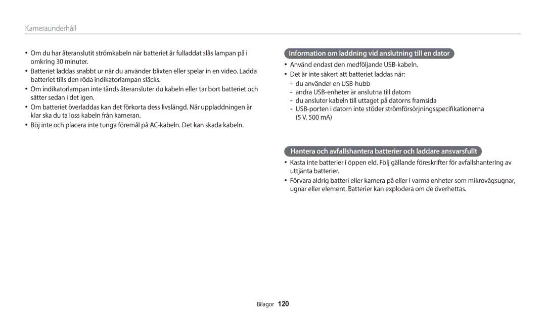 Samsung EC-WB50FZBPWE2, EC-WB50FZBPBE2, EC-WB50FZBPRE2 manual Information om laddning vid anslutning till en dator 