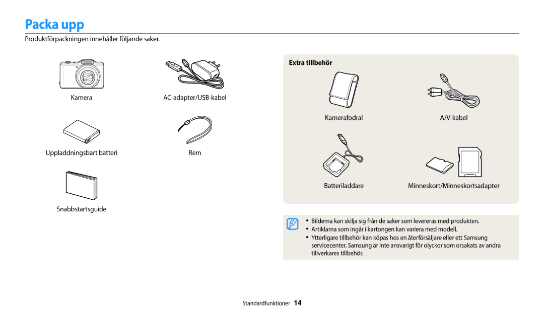 Samsung EC-WB50FZBPBE2, EC-WB50FZBPWE2 manual Packa upp, Produktförpackningen innehåller följande saker, Extra tillbehör 