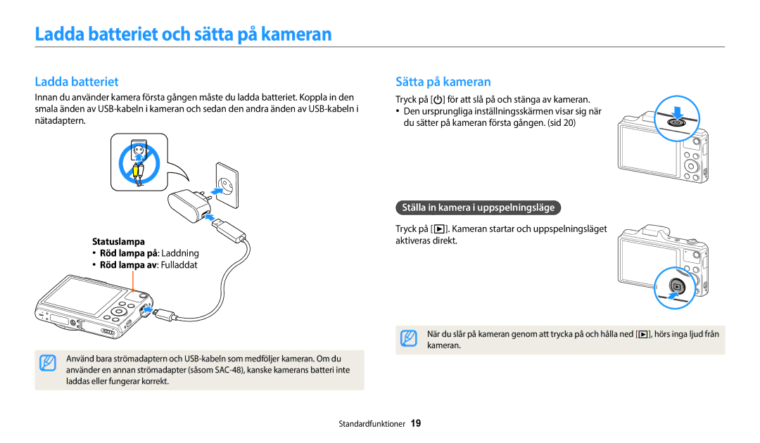 Samsung EC-WB50FZBPRE2 manual Ladda batteriet och sätta på kameran, Sätta på kameran, Ställa in kamera i uppspelningsläge 