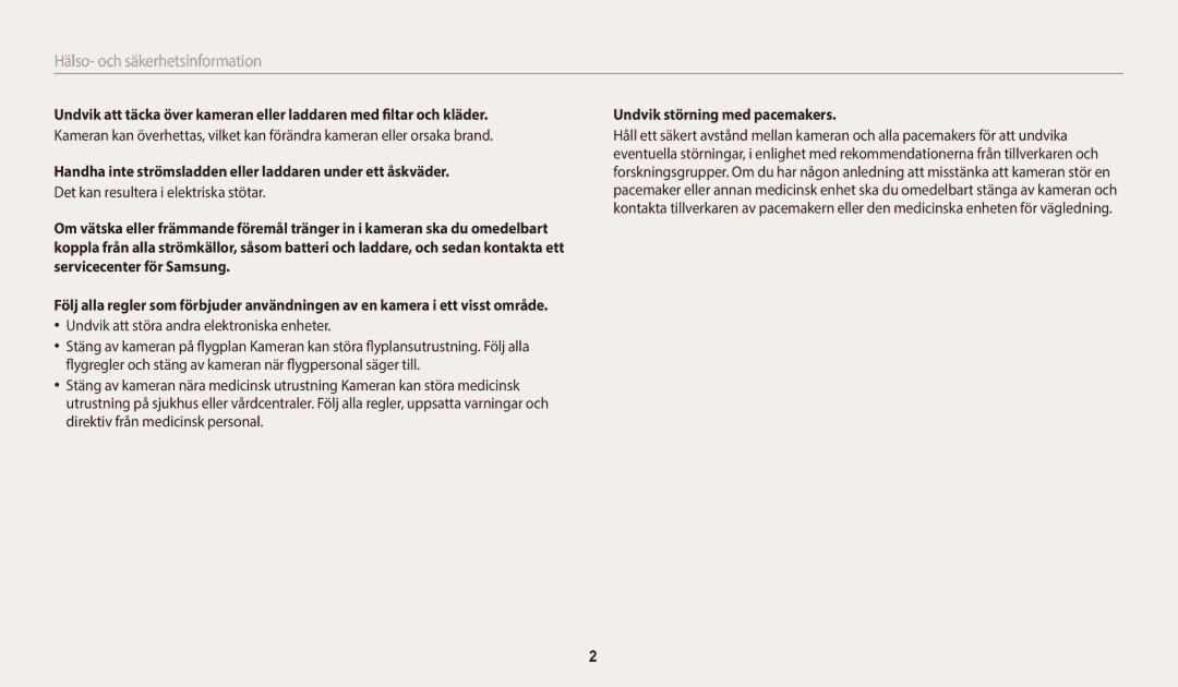 Samsung EC-WB50FZBPBE2 manual Hälso- och säkerhetsinformation, Handha inte strömsladden eller laddaren under ett åskväder 