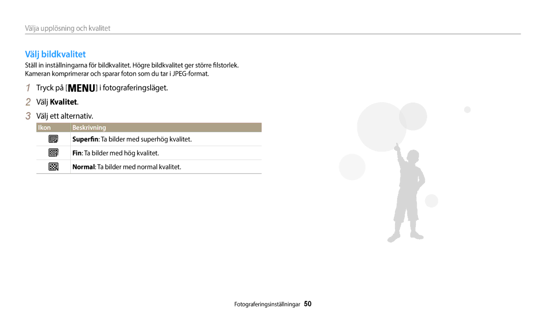 Samsung EC-WB50FZBPBE2, EC-WB50FZBPWE2, EC-WB50FZBPRE2 manual Välj bildkvalitet, Välj Kvalitet, Välja upplösning och kvalitet 