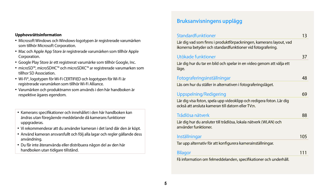 Samsung EC-WB50FZBPBE2, EC-WB50FZBPWE2, EC-WB50FZBPRE2 manual Bruksanvisningens upplägg, Upphovsrättsinformation 