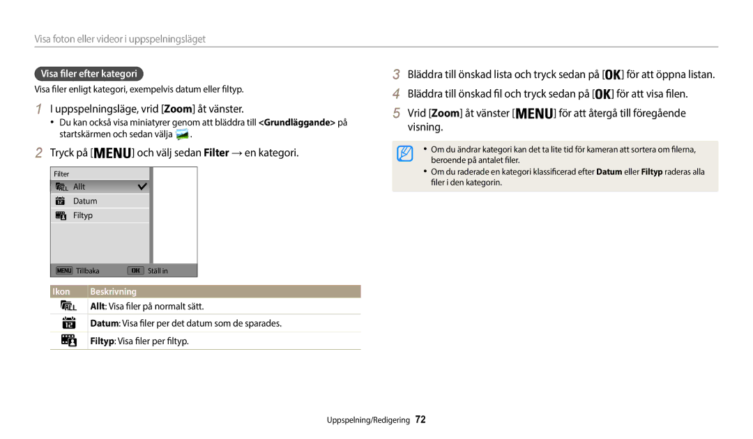 Samsung EC-WB50FZBPWE2 manual Uppspelningsläge, vrid Zoom åt vänster, Tryck på och välj sedan Filter → en kategori 