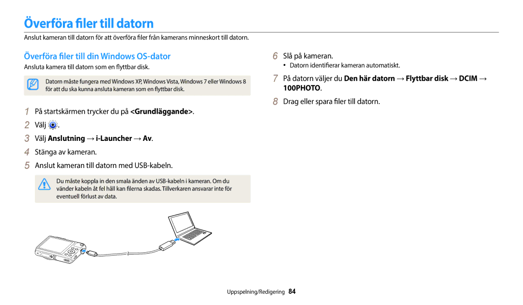 Samsung EC-WB50FZBPWE2, EC-WB50FZBPBE2, EC-WB50FZBPRE2 Överföra filer till datorn, Överföra filer till din Windows OS-dator 