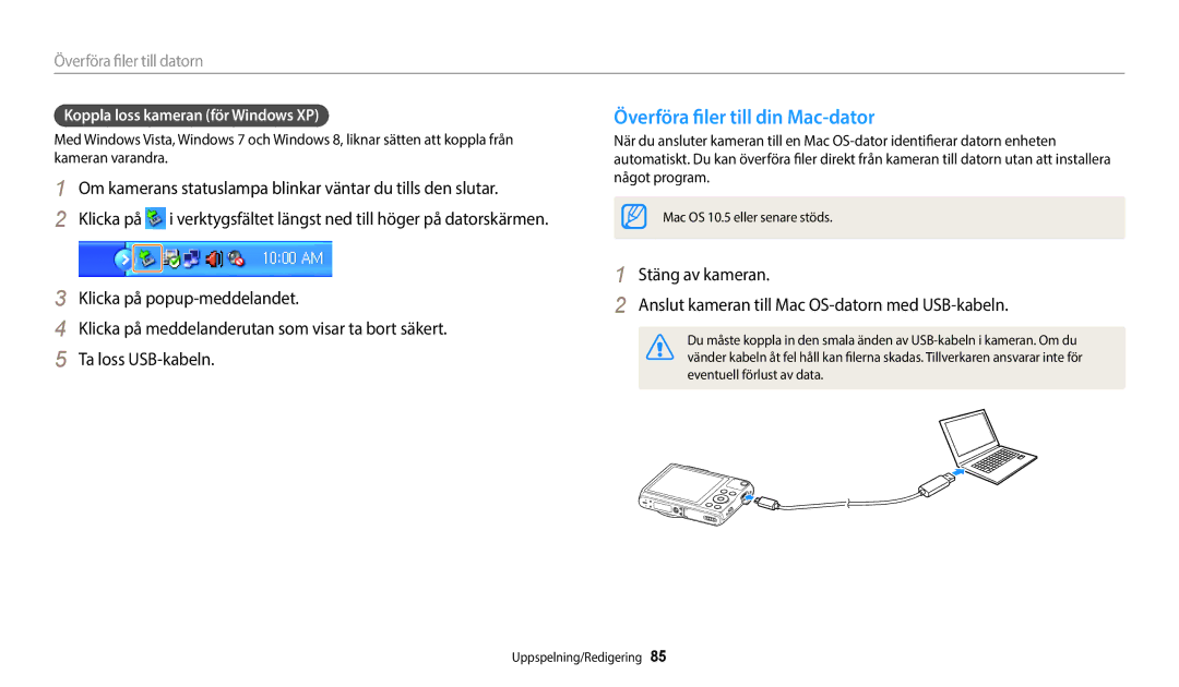 Samsung EC-WB50FZBPRE2 Överföra filer till din Mac-dator, Överföra filer till datorn, Koppla loss kameran för Windows XP 