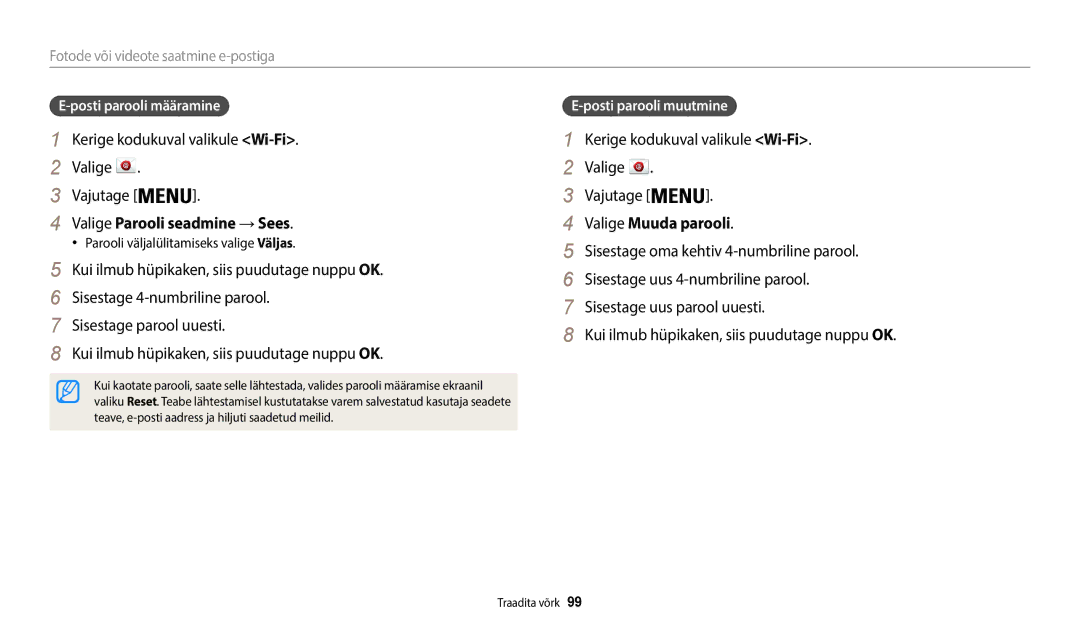 Samsung EC-WB50FZBPWE2 manual Valige Parooli seadmine →Sees, Valige Muuda parooli, Fotode või videote saatmine e-postiga 