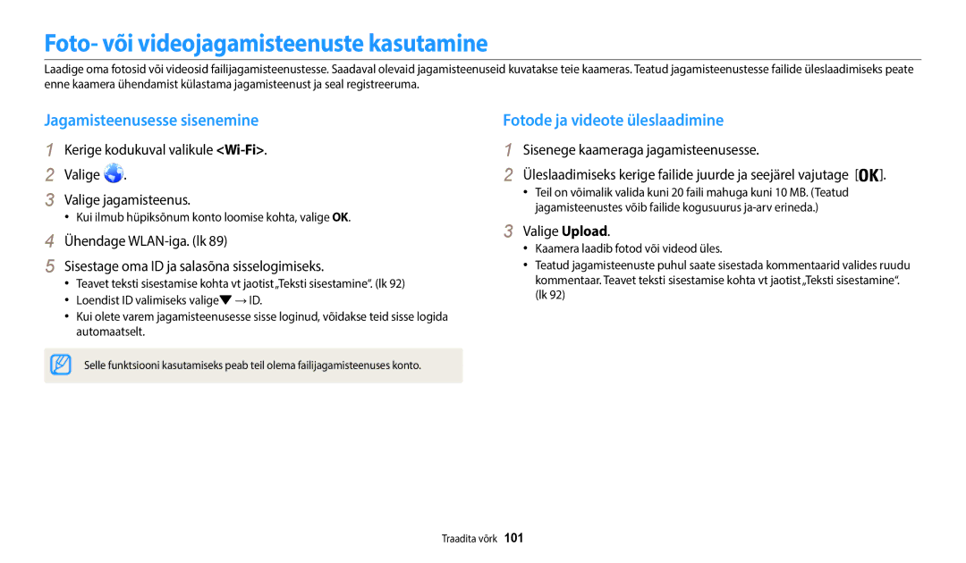 Samsung EC-WB50FZBPBE2 manual Foto- või videojagamisteenuste kasutamine, Jagamisteenusesse sisenemine, Valige Upload 